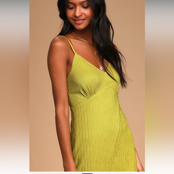 Lulus View and I Chartreuse Tie-Back Faux-Wrap Midi Dress - Picture 6 of 14